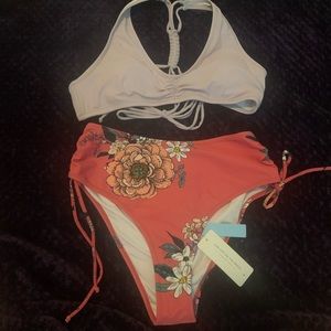 Light Purple And Floral Braided Back Bikini